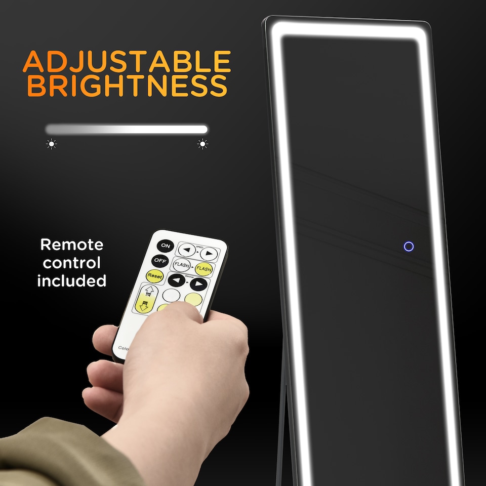 image 1 of HOMCOM Full-Length Mirror, 160  40 cm, Wall Mounted, Freestanding Floor Mirror with LED Lights and Remote Control, Dimming 3 Colour Modes, for Bedroom, Black