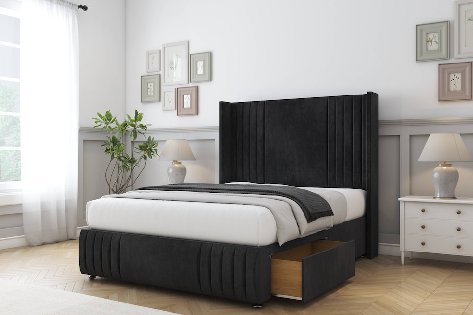image 1 of Sloomy Camden Black Naples Divan Bed Base 2 Drawers Foot-End With 54 Inch Wingback Headboard & 12 Inch Matching Footboard | Black | Black | King | 1