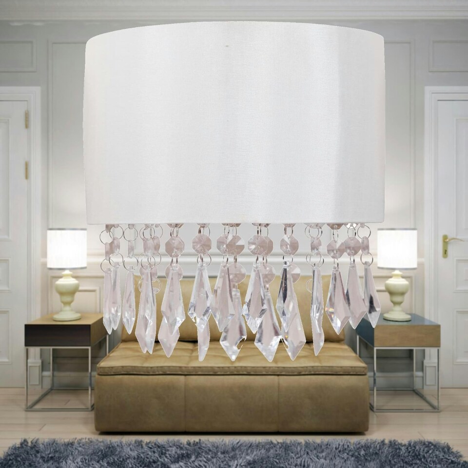 image 1 of First Choice Lighting Jewelled Ivory Fabric Wall Light With Clear Beaded Crystal Style Strings White | Clear