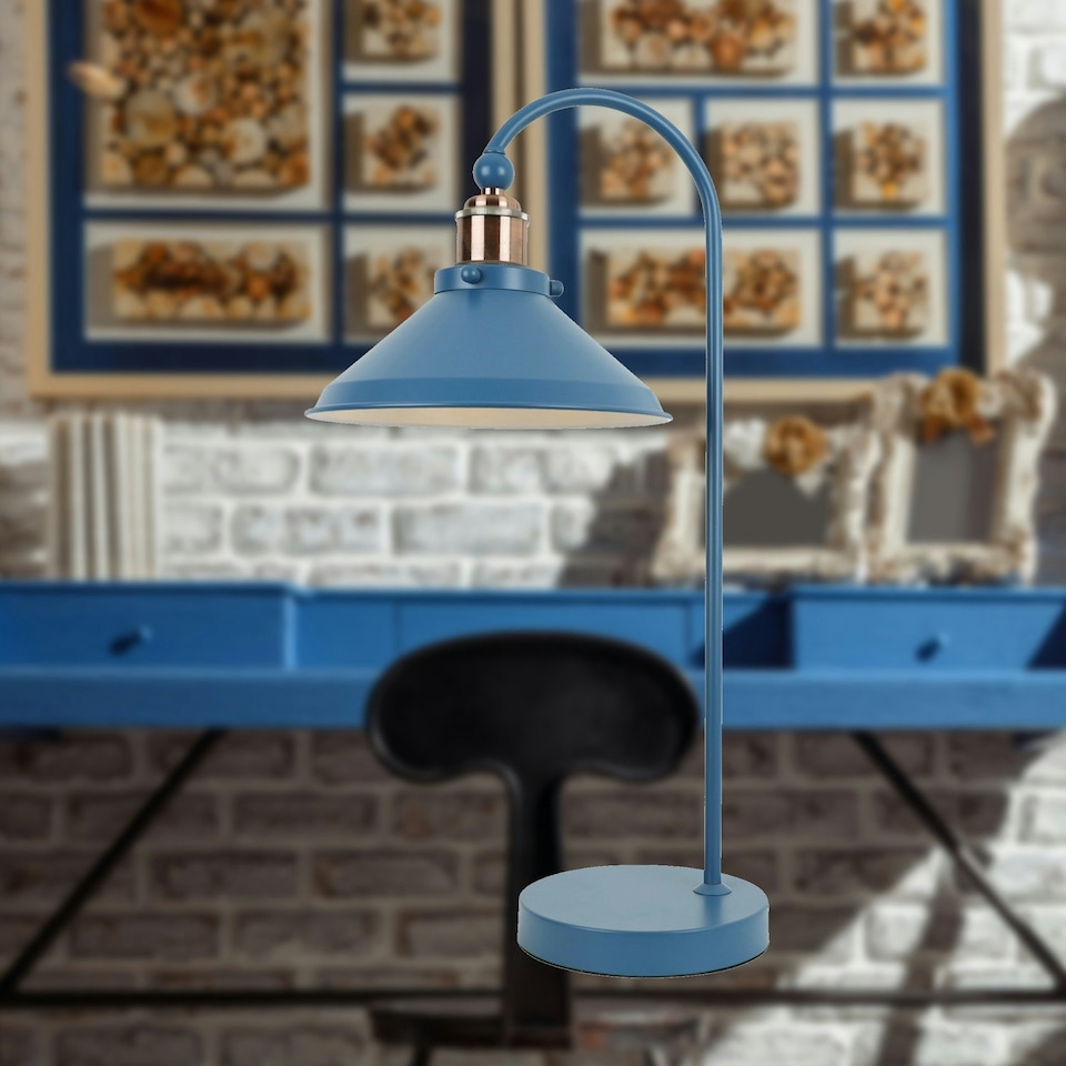 image 1 of First Choice Lighting Set of 2 Maxwell Mirage Blue Brushed Copper Task Table Lamps | Blue | Copper | Large