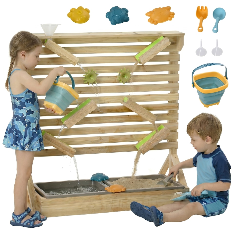 image 1 of Outsunny Kids Running Water Playset w/ Sink Toys, Water Carts, Tracks | Yellow | Natural wood finish