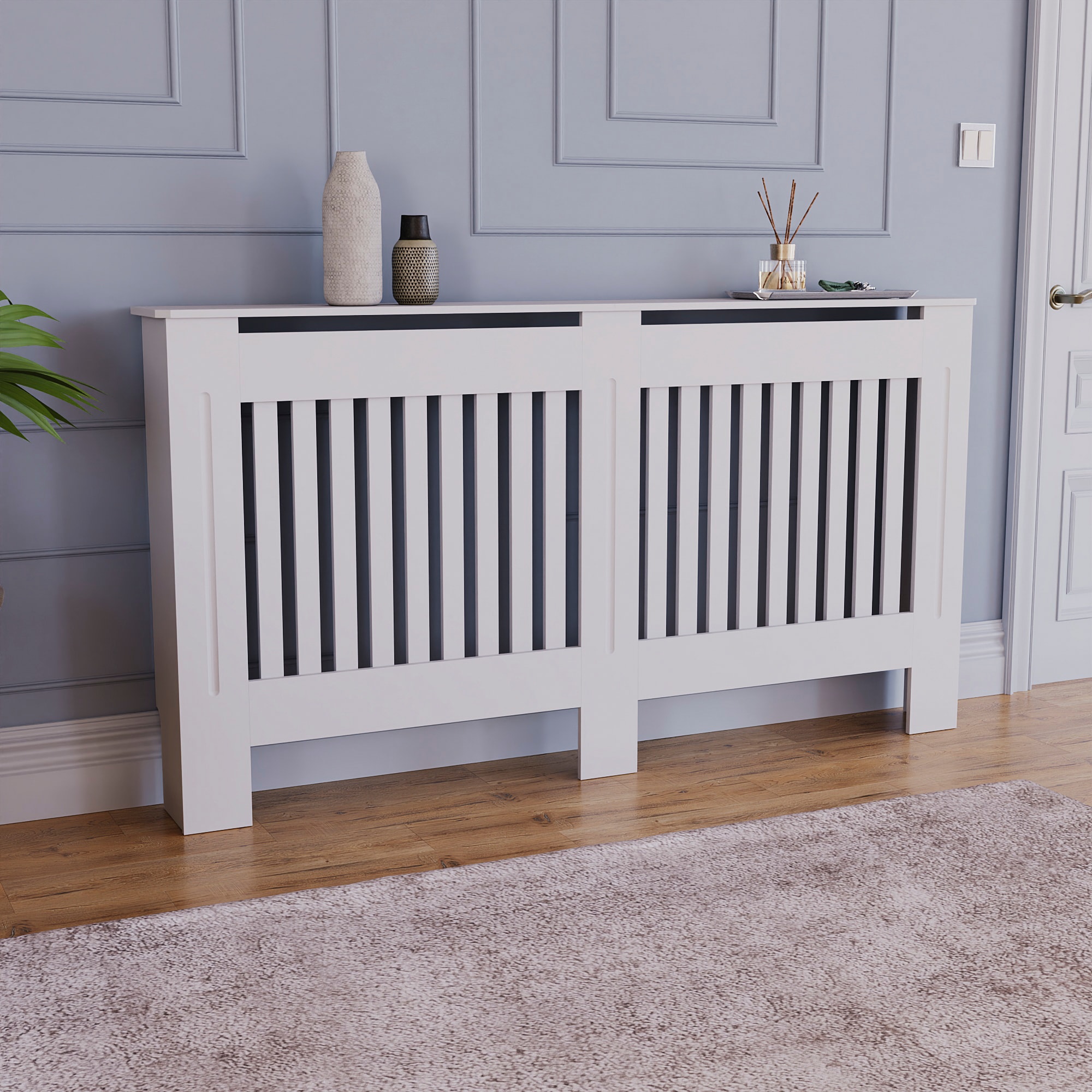 Vida Designs Chelsea Radiator Cover Painted MDF Slatted Cabinet, White, 152cm