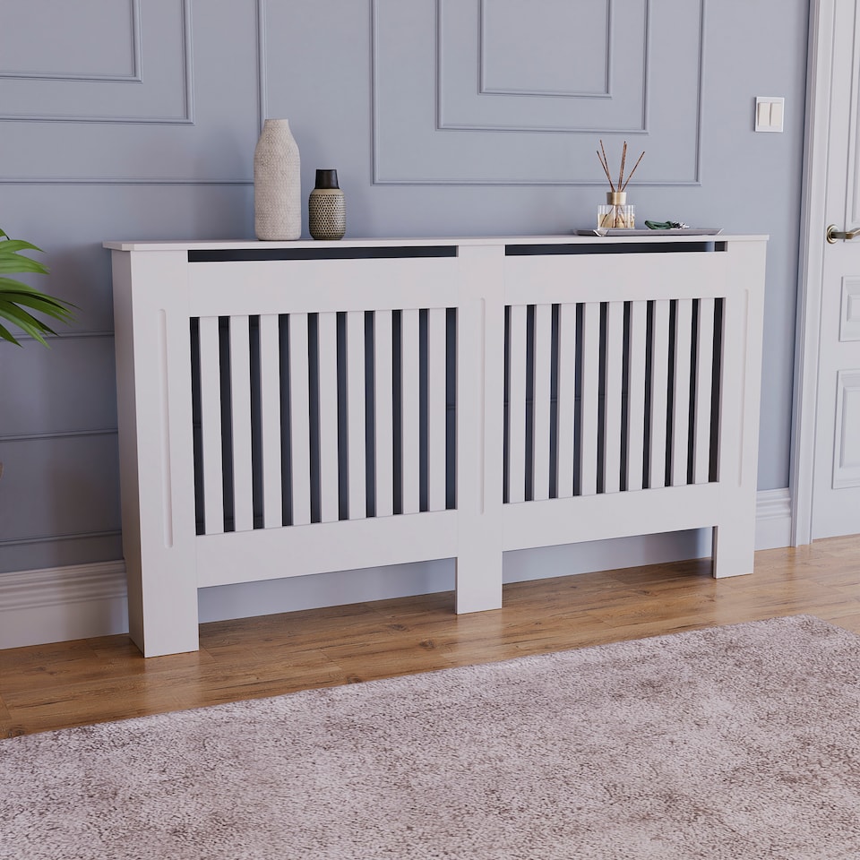 image 1 of Vida Designs Chelsea Radiator Cover Painted MDF Slatted Cabinet, White, 152cm