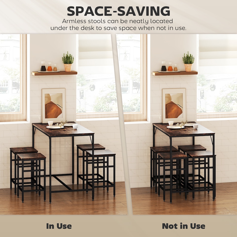 image 1 of HOMCOM 5-Piece Breakfast Bar Table and Stools Set, Kitchen Bar Table Set with High Table and 4 Stools, Space Saving Compact Dining Furniture for Small Spaces, Rustic Brown