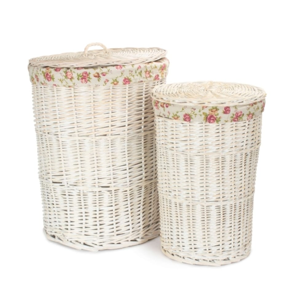 image 1 of Set of 2 Round White Wash Laundry Baskets with a Garden Rose Lining | Multi | Garden Rose