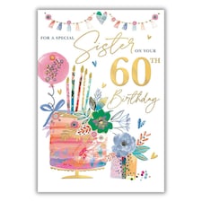 Words 'n' Wishes Sister's 60th Birthday Card, Floral Design with Gold Foil Finish