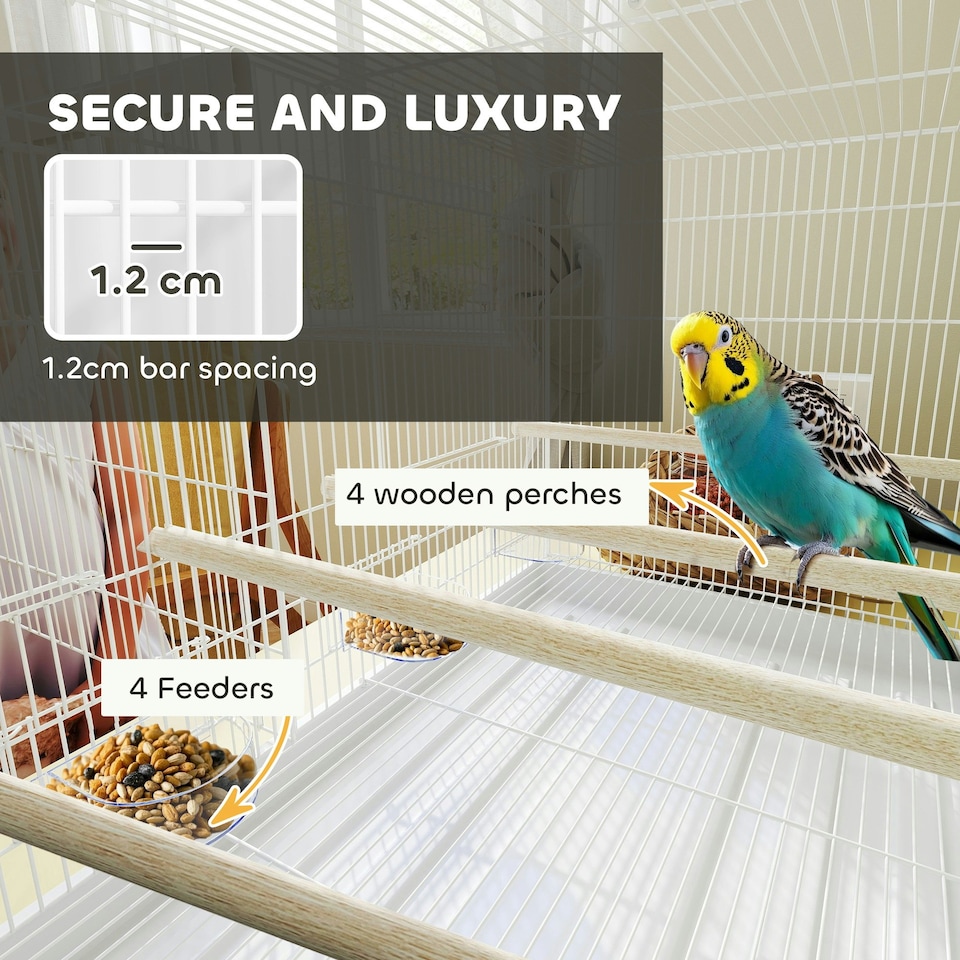 image 1 of PawHut Bird Cage with Divider, 4 Wooden Perches, Slide Out Tray, White
