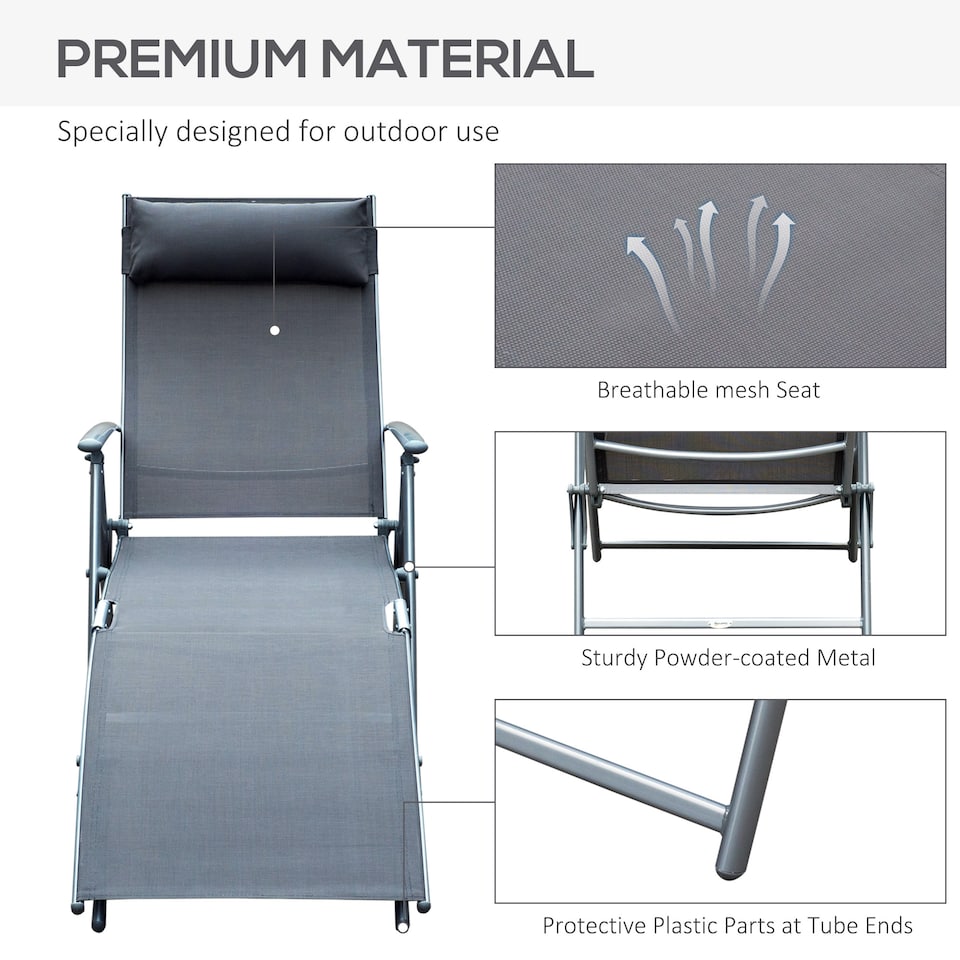 image 1 of Outsunny Sun Lounger Recliner w/ Pillow Foldable 7 Levels Textilene Grey | Grey