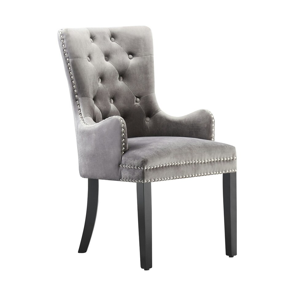 image 1 of Single Velvet Dining Chair with Armrest, Ergonomic Scoop Knockerback & Button Tufted Wood Legs Grey | Dark Grey