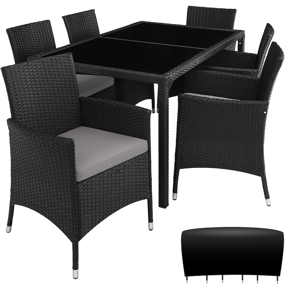 image 1 of Garden Furniture Set Porto- 6 chairs, 1 dining table, with protective cover | Black | black/grey | 60 x 55 x 83 cm | 1
