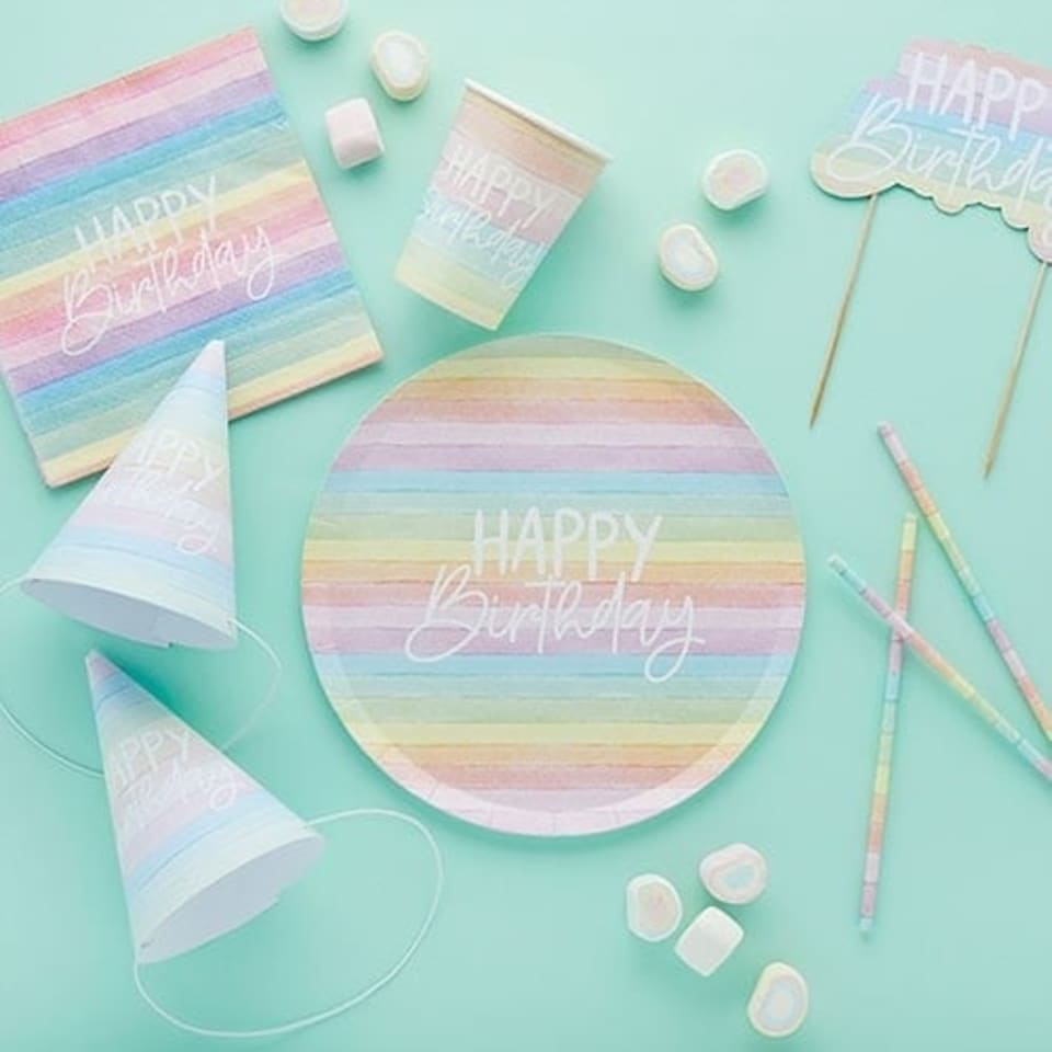 image 1 of Pastel Rainbow Stripes Happy Birthday Luncheon Paper Napkins 3 Ply 33cm - Pack of 16 | Multi