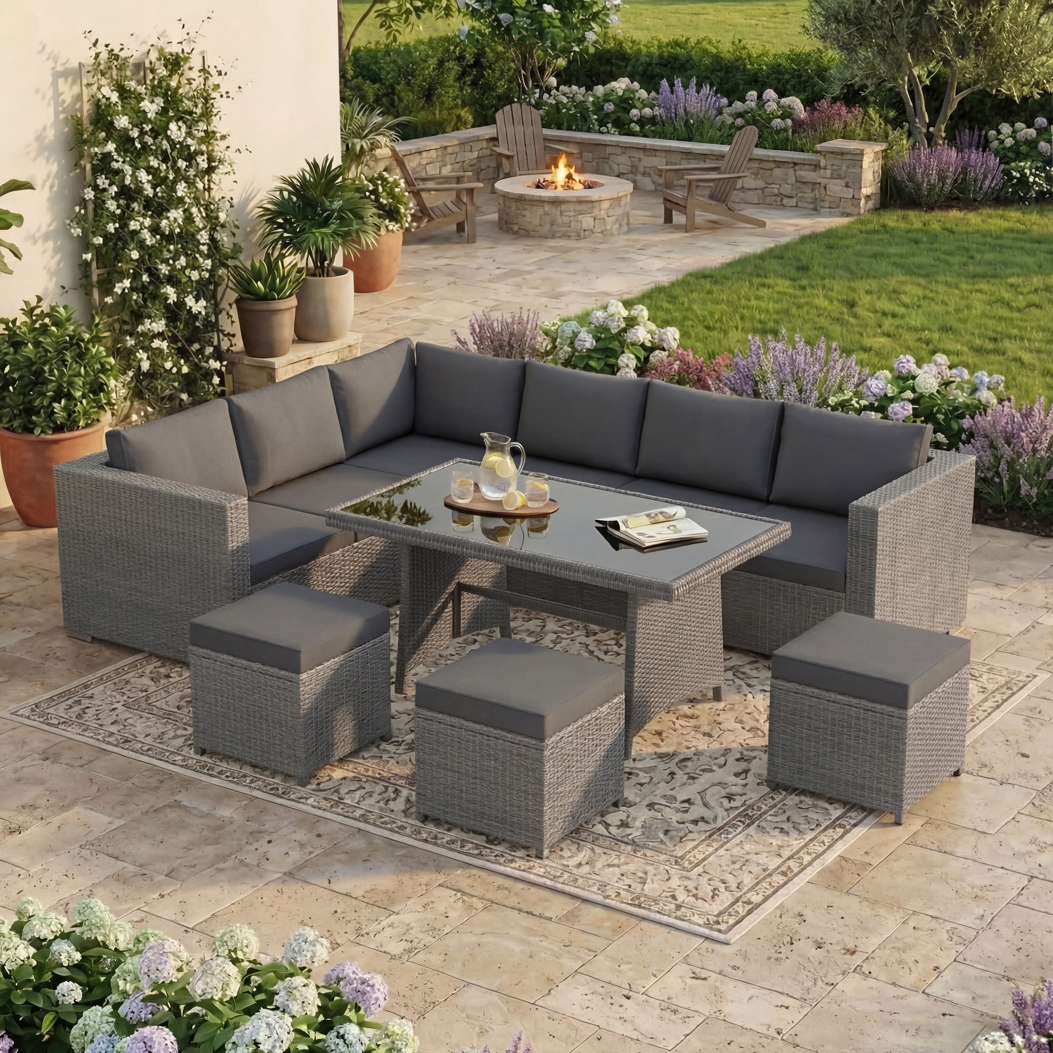 Garden Vida Belgrave 9 Seater Rattan Set Sofa Stool Dining Outdoor Garden Furniture, Grey