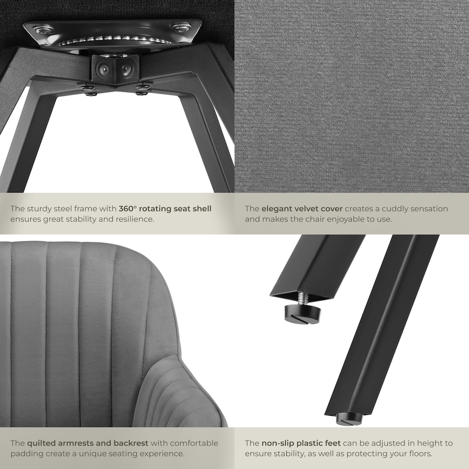 image 1 of Lounge Armchair Living Room Accent Chair 360 Swivel Slim Steel Legs Velvet Fabric - Set of 4 Grey