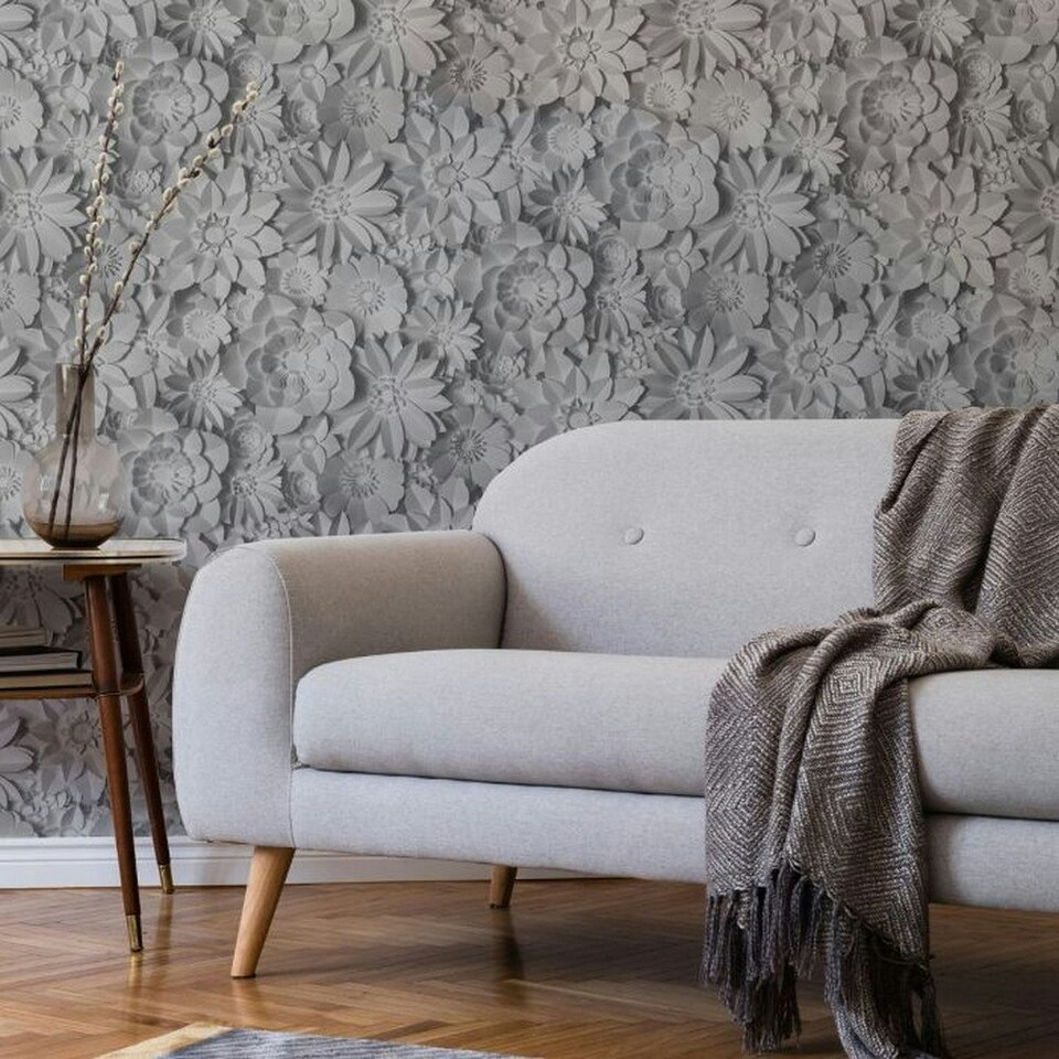 image 1 of Fine Decor Dimensions Floral Wallpaper - Grey - 32.8ft x 21in Grey