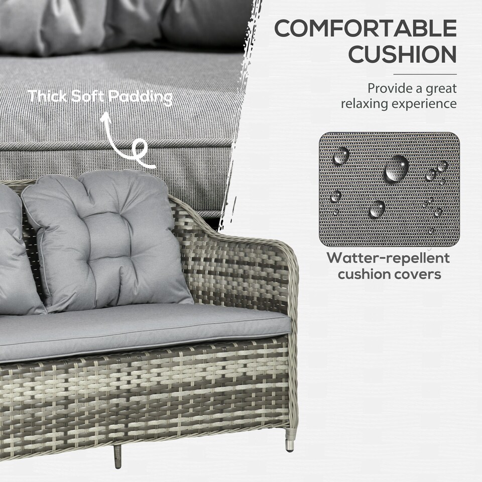 image 1 of Outsunny 4 Pieces Rattan Garden Furniture Set, Round Wicker Garden Sofa Set with Loveseat, Armchairs and Glass Top Table, Outdoor Conservatory Furniture with Cushions for Patio, Balcony, Grey