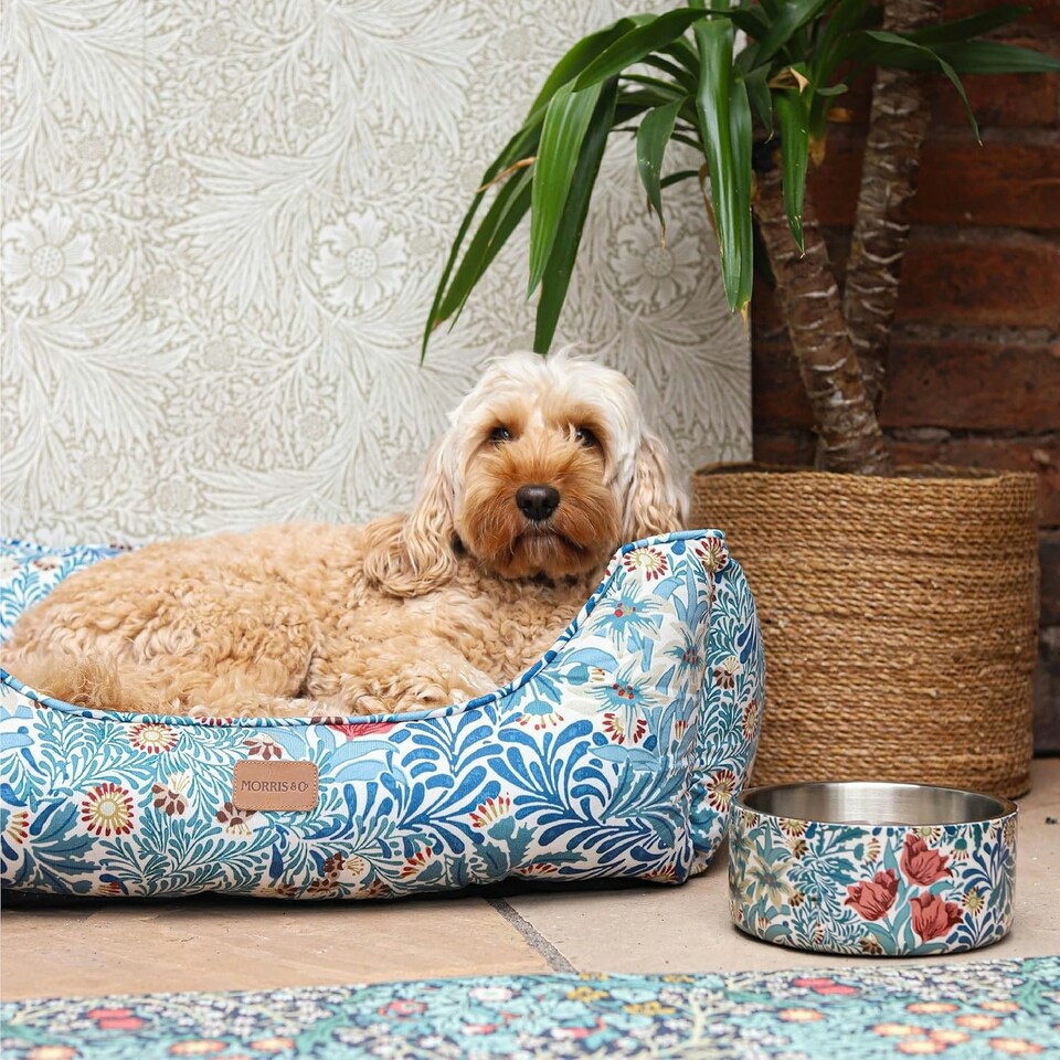 image 1 of Morris & Co Bower Print Square Box Dog & Cat Bed - Small Blue | S
