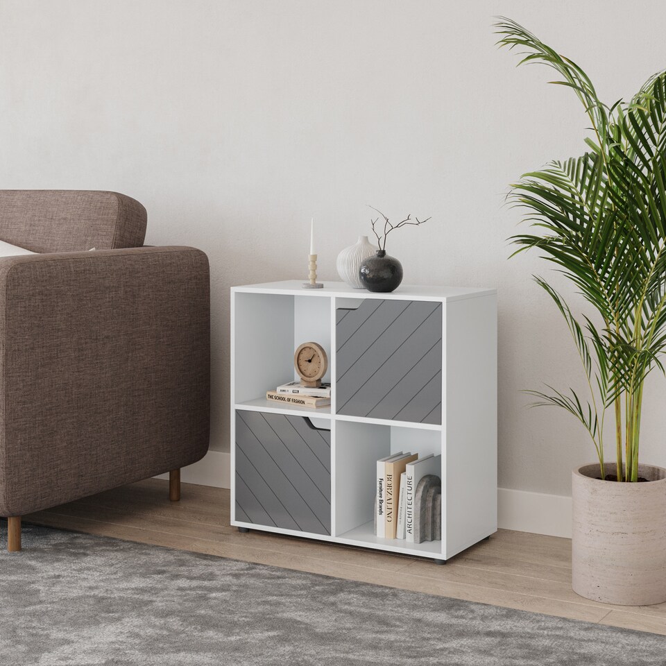 image 1 of 4 -Cube Shelving Unit With Lined Doors - Square | White | White & Grey | 1