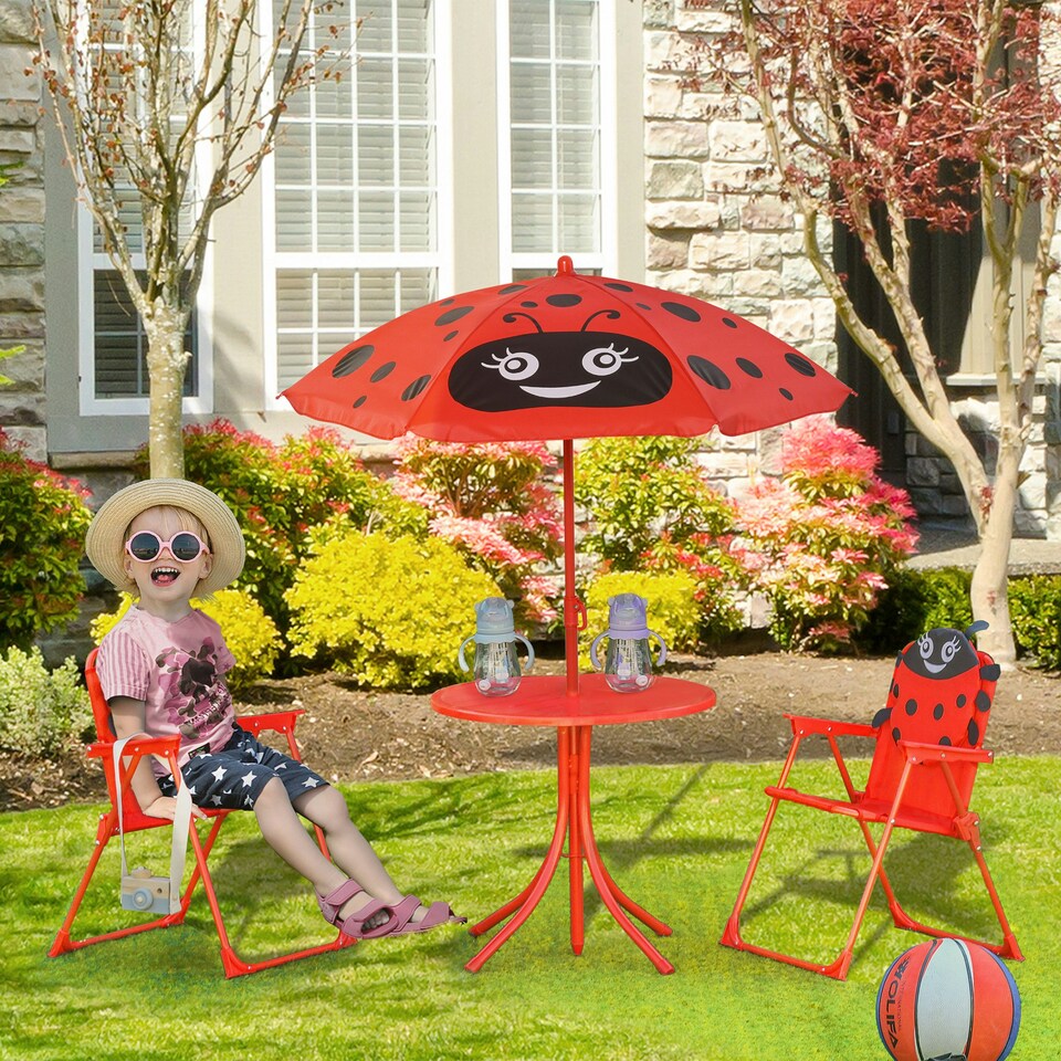 image 1 of Outsunny Kids Folding Picnic Table Chair Set Ladybug Pattern Outdoor w/ Parasol
