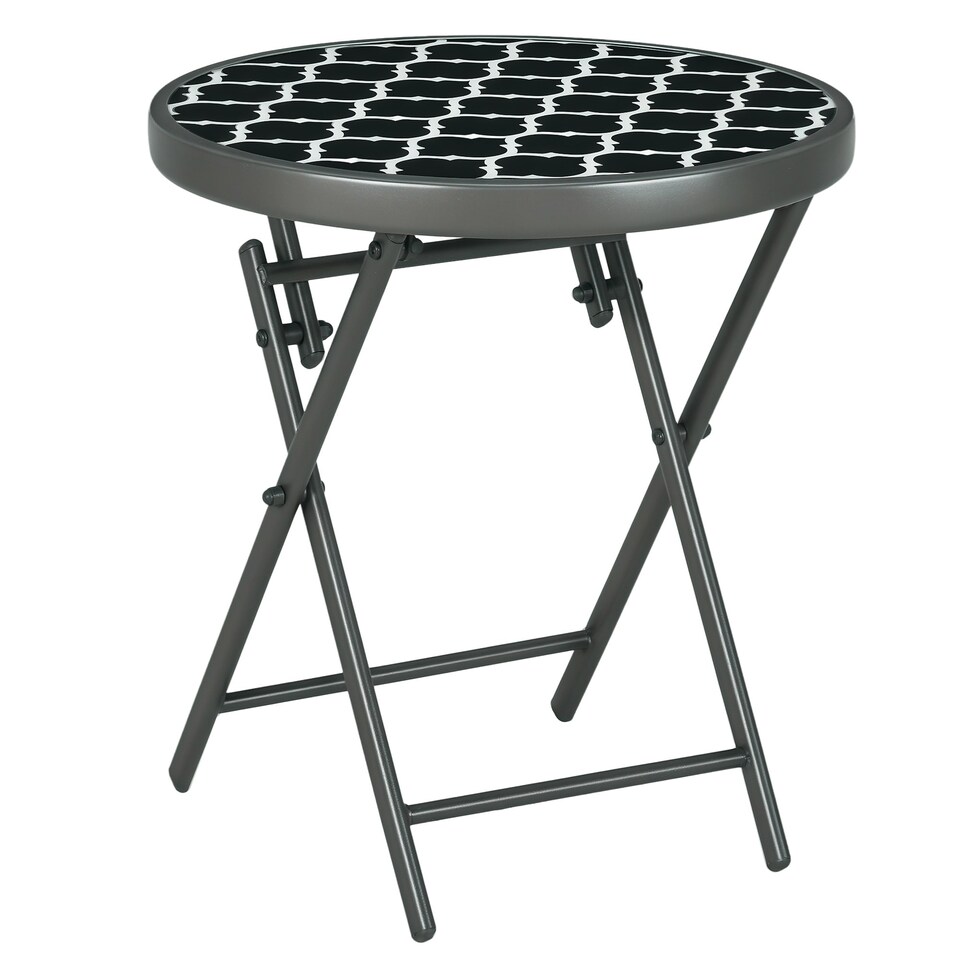 image 1 of Outsunny Round Folding Side Table w/ Imitation Marble Glass Top, Black