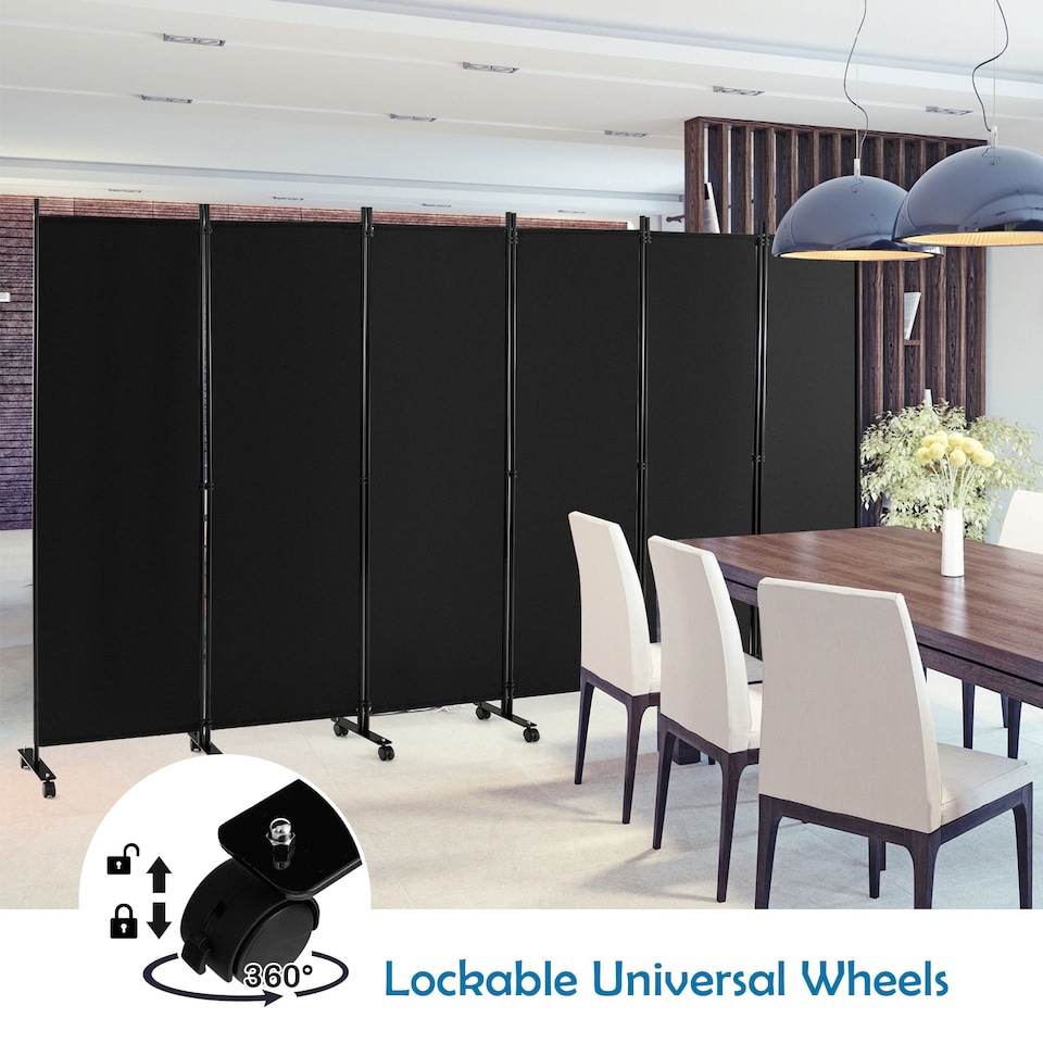 image 1 of COSTWAY 6-Panel Folding Room Divider 172cm Rolling Privacy Screen-Black