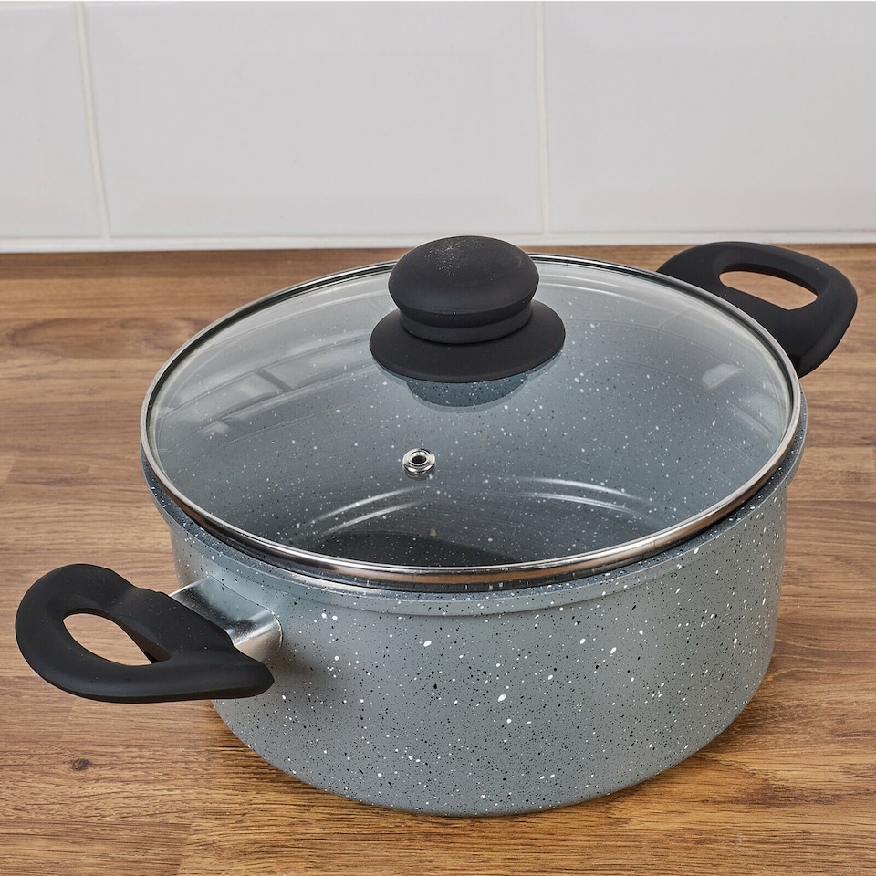 image 1 of Set of 5 Marble Grey Saucepan & Fryingpan