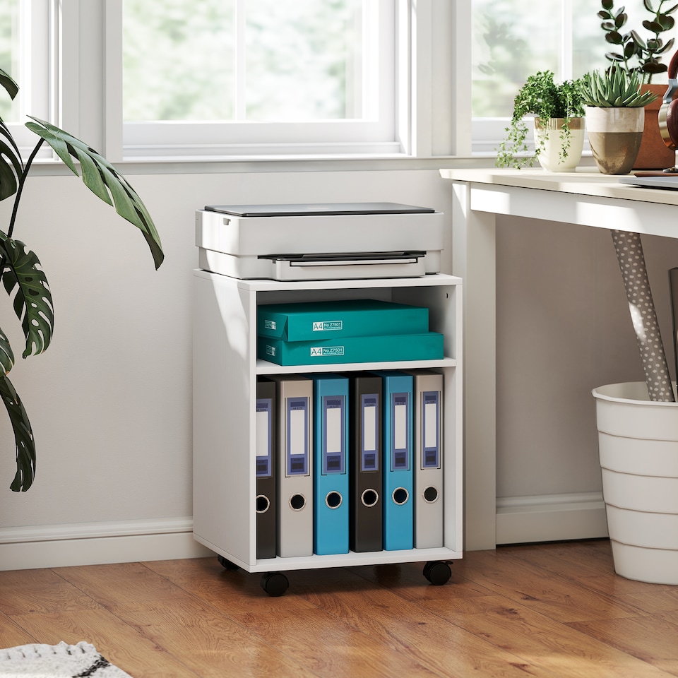 image 1 of HOMCOM 2-Tier Printer Stand with Storage and Wheels, White | White | White | 40W x 35D x 55.5H cm