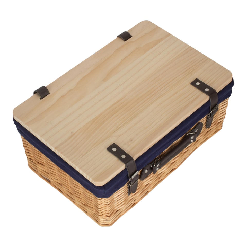 image 1 of 36cm Buff Navy Lined Willow Empty Picnic Basket with Pinewood Lid | Brown | Navy Blue | S | 1