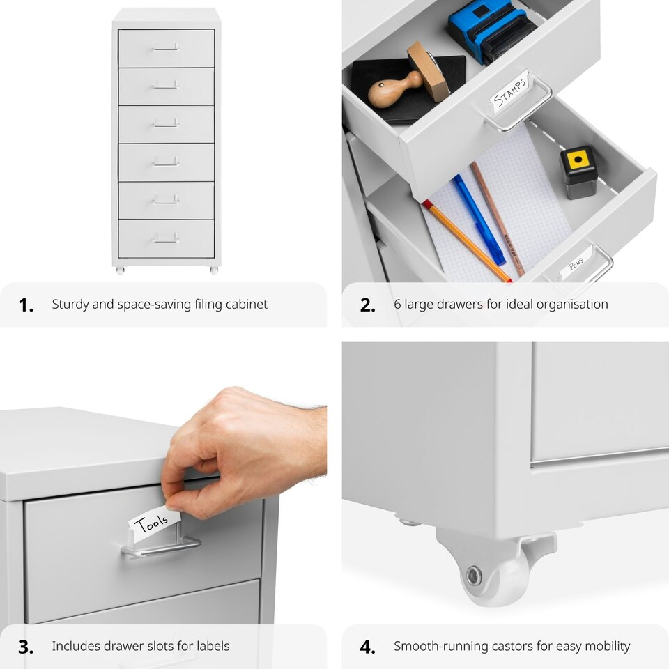 image 1 of Filing Cabinet - made of steel, 4 wheels, 6 drawers, label holders, easy assembly Grey | Light Grey