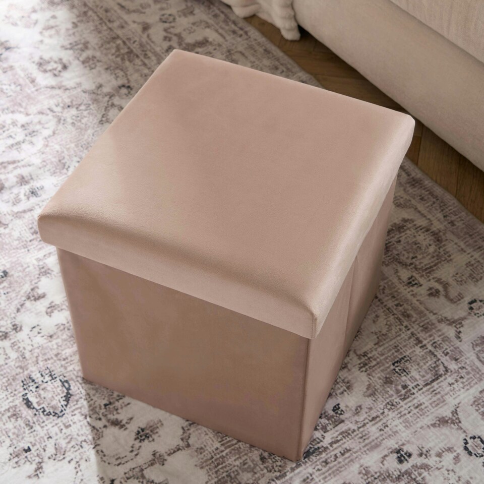 image 1 of OHS Matte Velvet Soft Foldable Cube Footstool Seat Storage Organiser Ottoman Cream | Natural