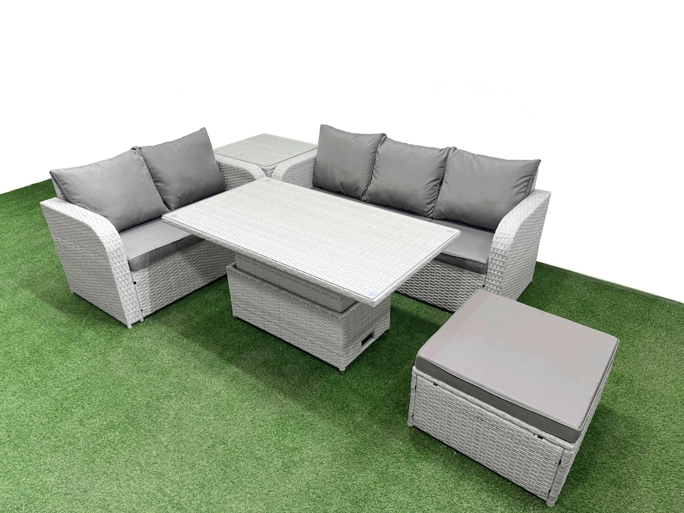 image 1 of Fimous 6 Seater PE Rattan Wicker Garden Furniture Patio Conservatory Sofa Set with Adjustable Lifting Dining or Coffee Table 3 Seater Sofa Love Sofa Big Footstool Side Table