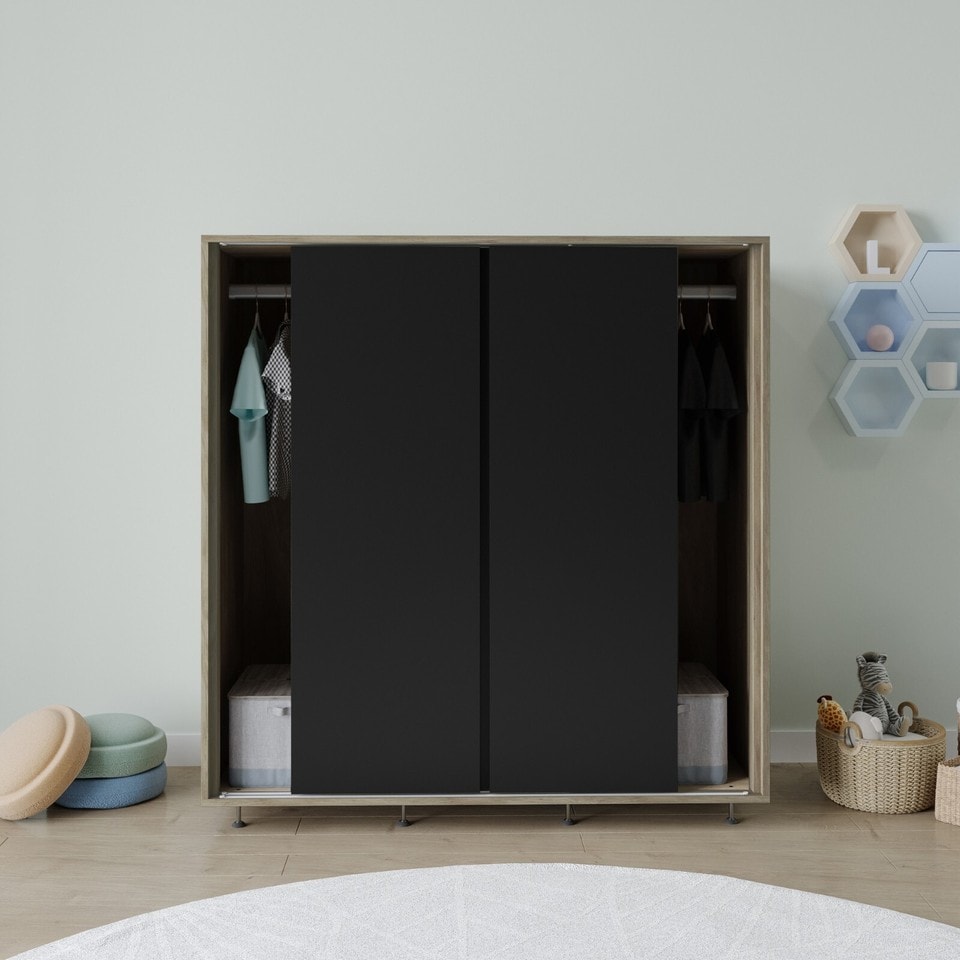 image 1 of 120cm 3 Sliding Doors Children Kids Wardrobe Bedroom Storage Closet Hanging Rail | Multi | Oak with Black Doors | 1