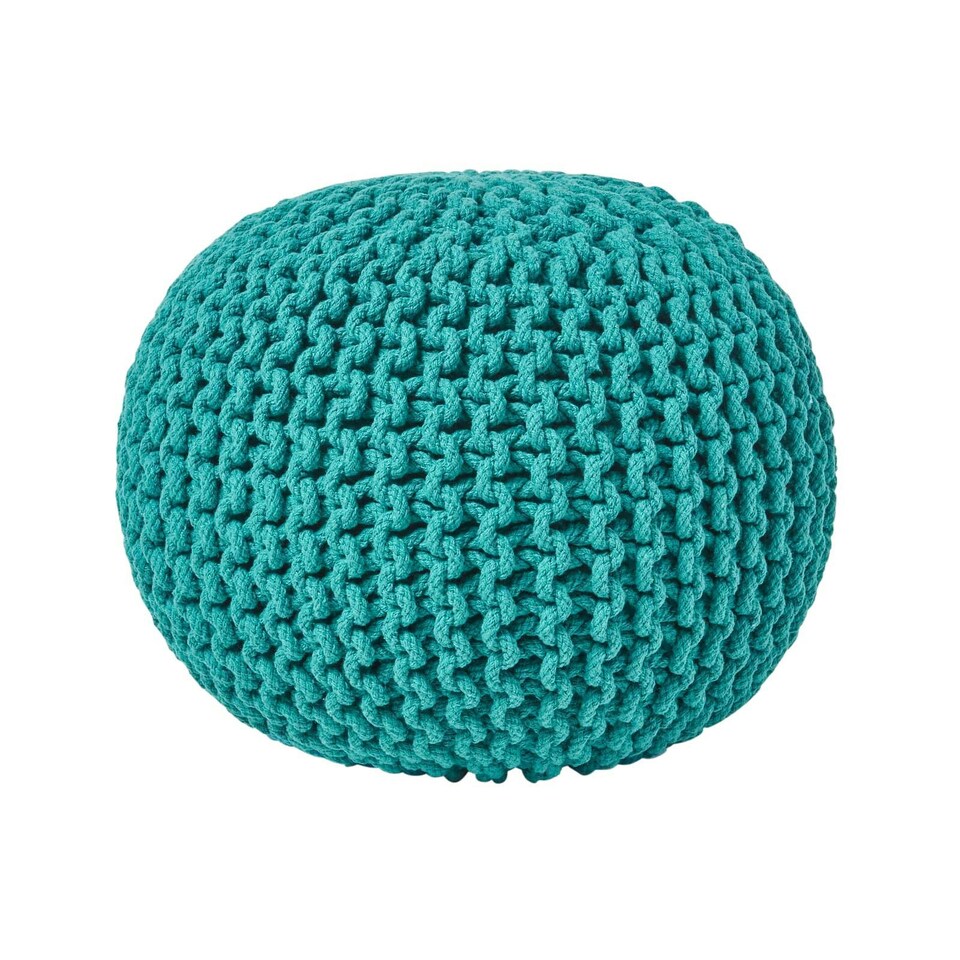 image 1 of Homescapes Teal Green Round Cotton Knitted Pouffe Footstool - 35 x 40 cm