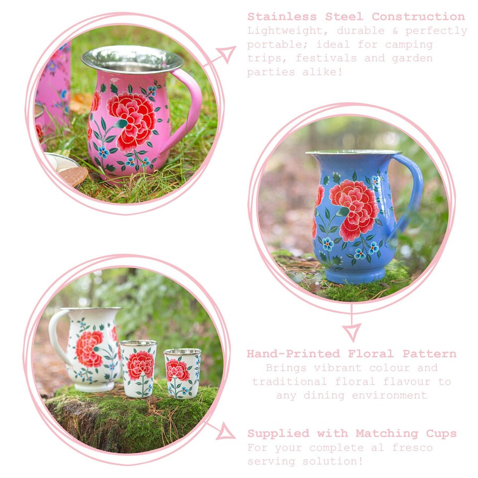 image 1 of BillyCan Hand-Painted Picnic Water Jug with 400ml Cups - 1.7L - Carbon Peony