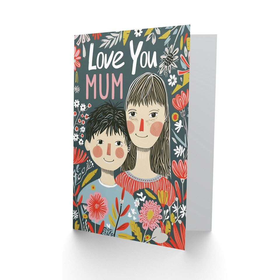 image 1 of Mothers Day Card Love You Mum Child Floral Folk Art Portrait
