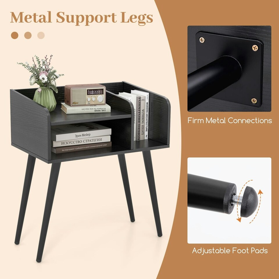 image 1 of COSTWAY Modern Nightstand 2-Tier Bedside Table Black Black