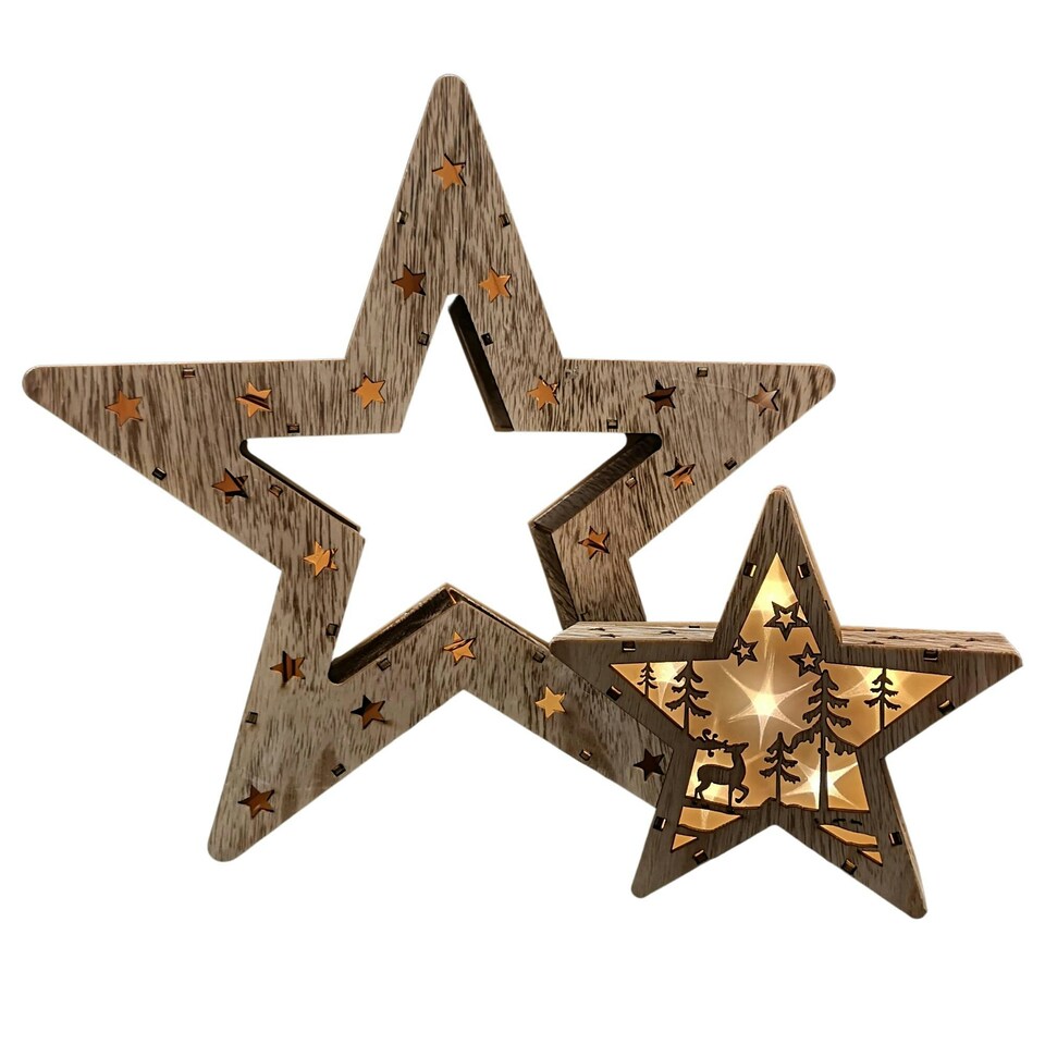 image 1 of Set of 2 Battery Operated Indoor Wooden Christmas Stars with Warm White LEDs