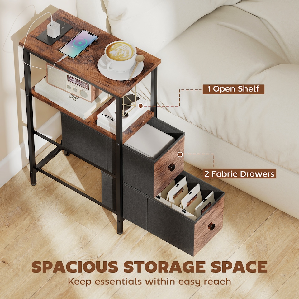 image 1 of HOMCOM Side Table, Narrow Bedside Table with Charging Station, 2 Drawers | Brown | Rustic Brown