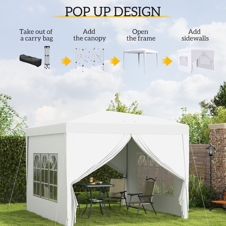 image 1 of Outsunny 3 x 3 m Garden Pop Up Gazebo, Wedding Party Tent Marquee, Water Resistant Awning Canopy with Sidewalls, Windows, Carry Bag, White