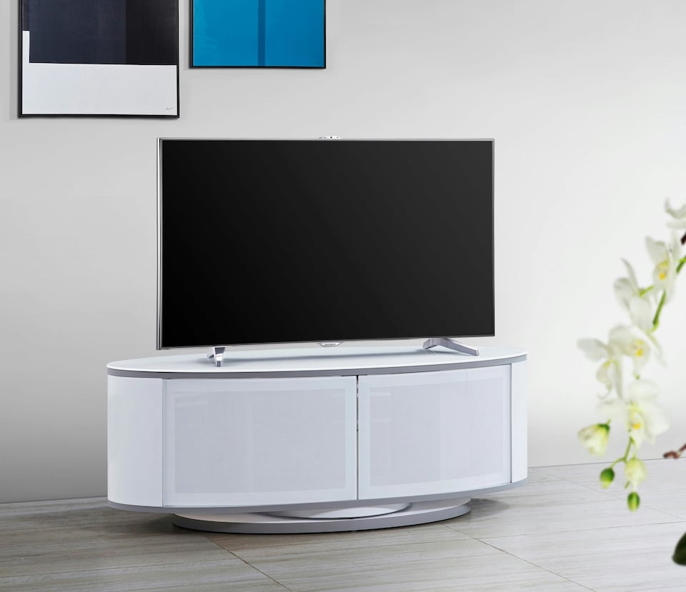 image 1 of MDA Designs LUNA Gloss White Oval Cabinet with White Profiles White BeamThru Glass Doors Suitable for Flat Screen TVs up to 50" | Multi | 1