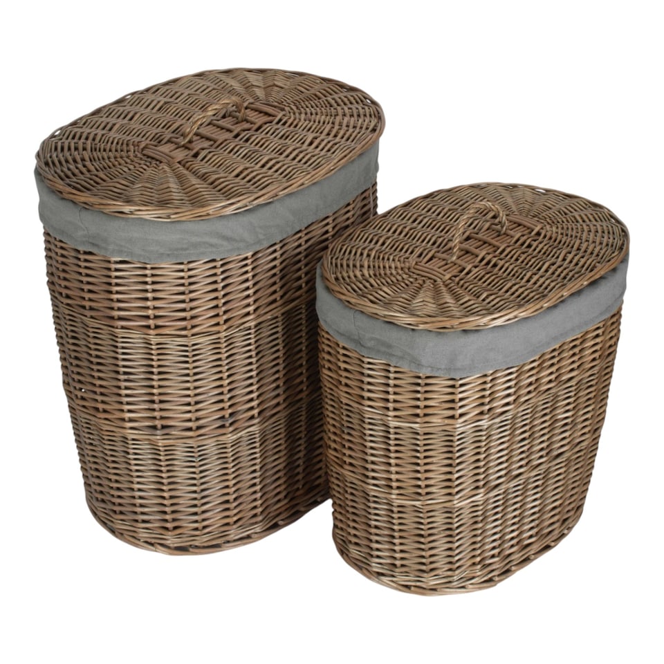 image 1 of Set of 2 Antique Wash Grey Cotton Lined Oval Willow Laundry Basket