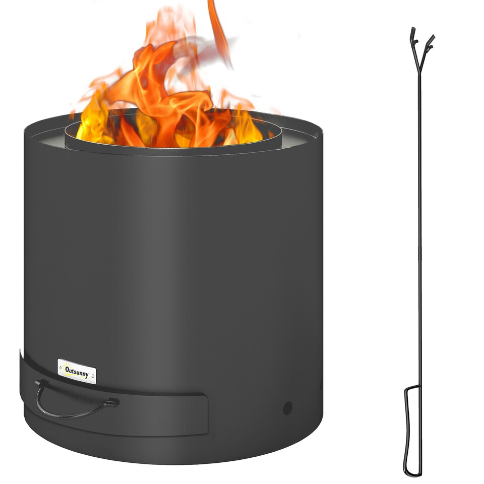 image 1 of Outsunny Outdoor Round Fire Pit with Ash Tray and Fire Poker, Black