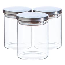 Argon Tableware Glass Storage Jars - Silver Lid - 750ml - Modern Round Scandi Organisation Container Glass Jar - Set of 3