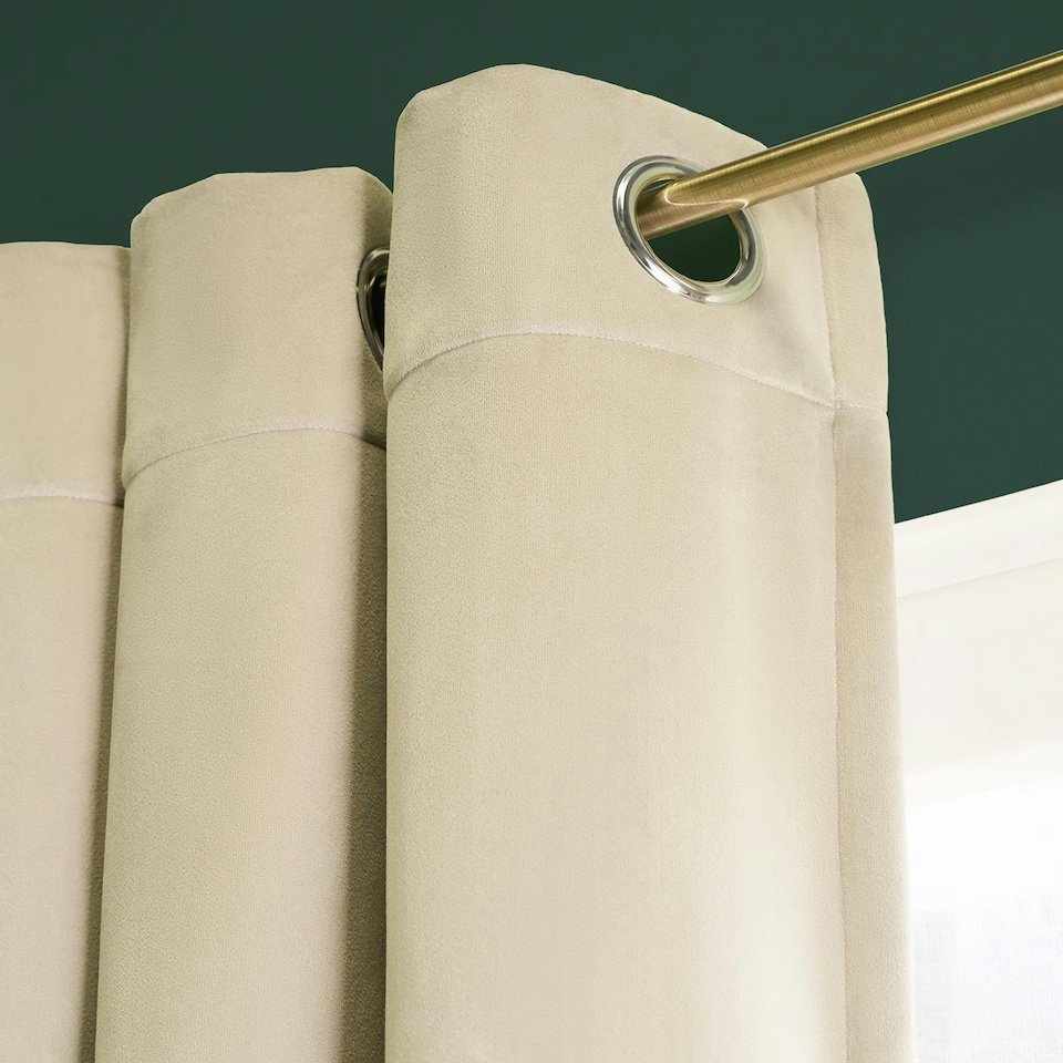 image 1 of OHS Soft Velvet Plain Dyed Thermal Insulated Panel Pair Eyelet Curtains, 66x72" Cream | Natural