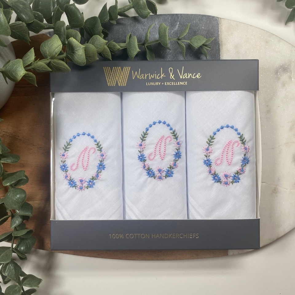 image 1 of Warwick & Vance 3 Pack White Handkerchiefs with Embroidered Framed Initials, Letter N