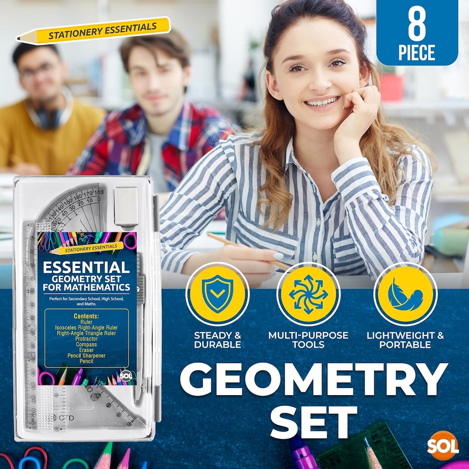 image 1 of 8pc Geometry Set for Secondary School – Complete Maths Kit with Ruler, Protractor, Compass, Pencil & Eraser, Ideal for Students