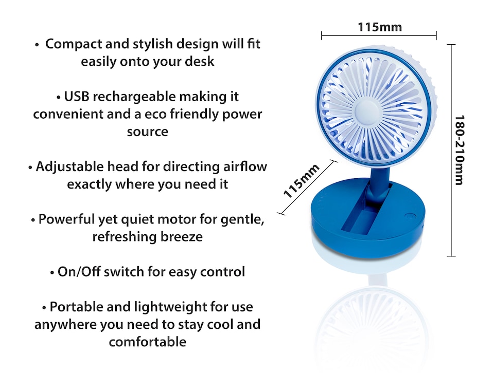 image 1 of Premier Compact USB Rechargeable Desktop Fan with Adj Head Blue