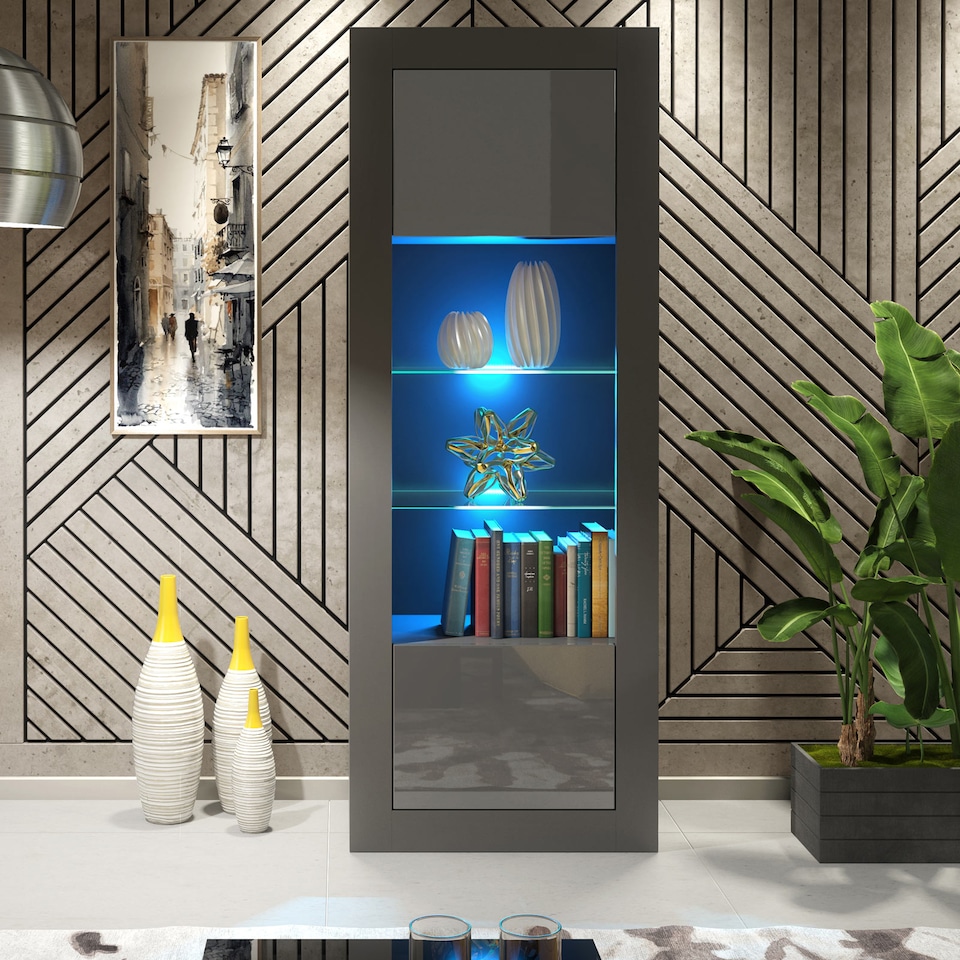 image 1 of Display Cabinet Bookcase Sideboard Storage Cabinet Cupboard Grey High Gloss LED 170cm