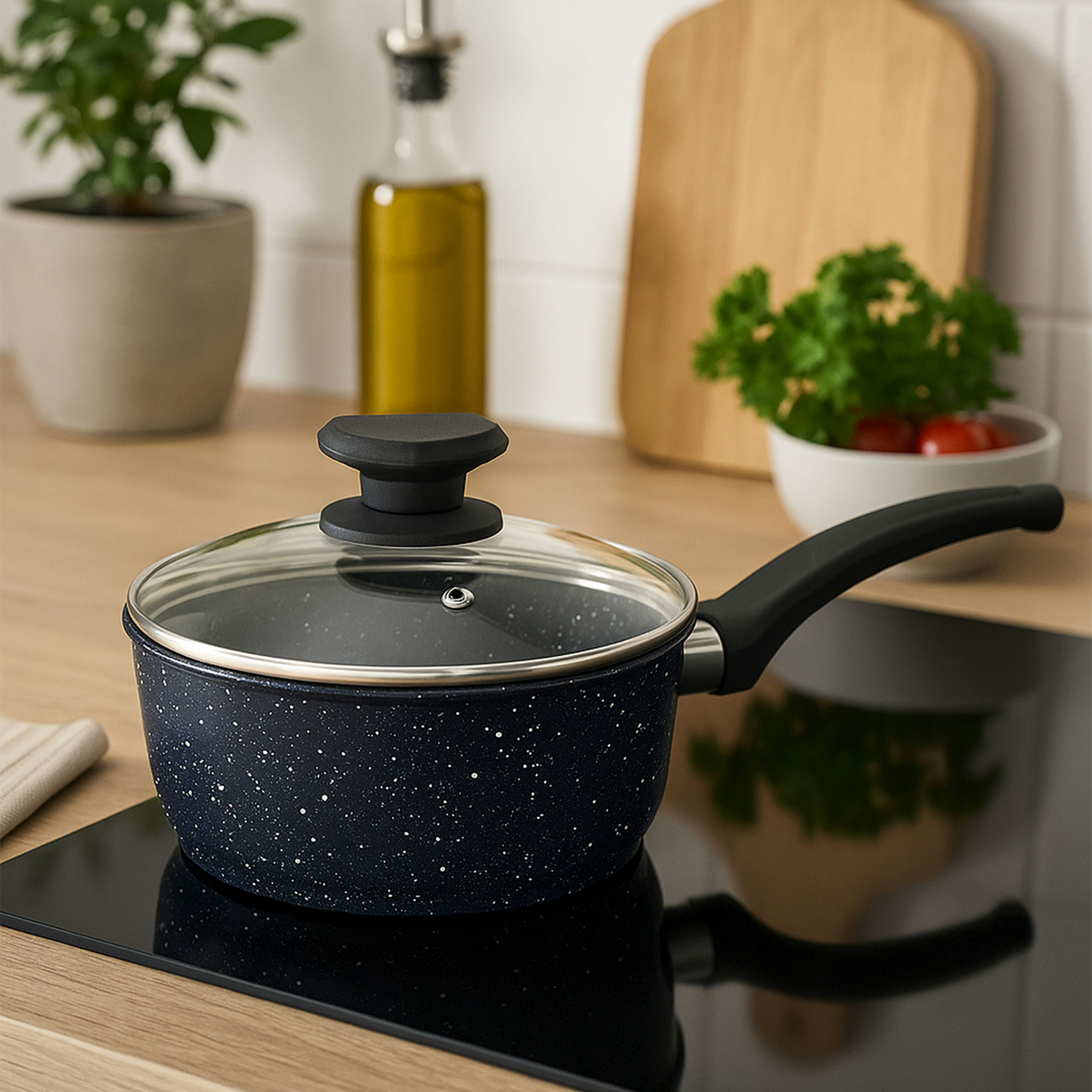Orsina 18cm Saucepan With Glass Lid, Non-Stick Aluminium Pan With Marble Effect Finish, Durable Cookware