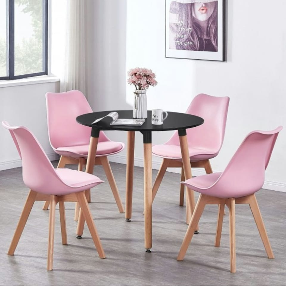 image 1 of Single Scandinavian Dining Chair with Leather Cushions Solid Wood Legs | Pink