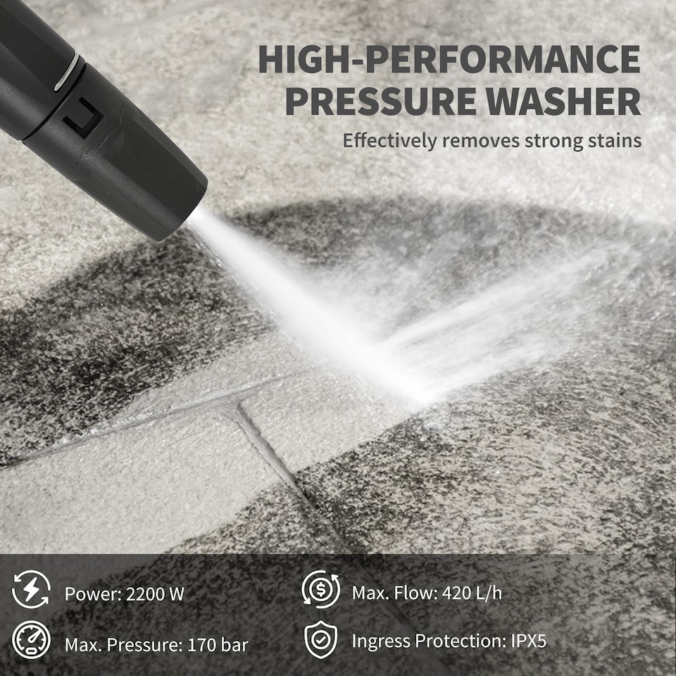 image 1 of Outsunny 2200W High Pressure Washer 170 Bar Pressure 420 Lh Flow Portable Electric Power Washer Jet Wash Cleaner with Adjustable Nozzle 6M Hose and Hose Reel for Home Patio Car Driveway